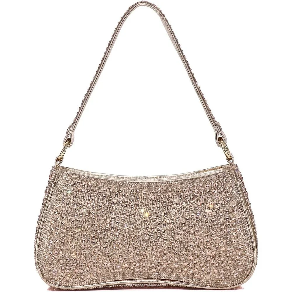Gold Rhinestone Women's Clutch Purse Evening Bag with Zipper Closure and Adjusta